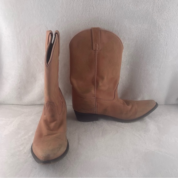 smoky‎ mountain boots Womens Size 6.5  Tan Pink Leather Cowgirl Boots Some Wear - Picture 1 of 16